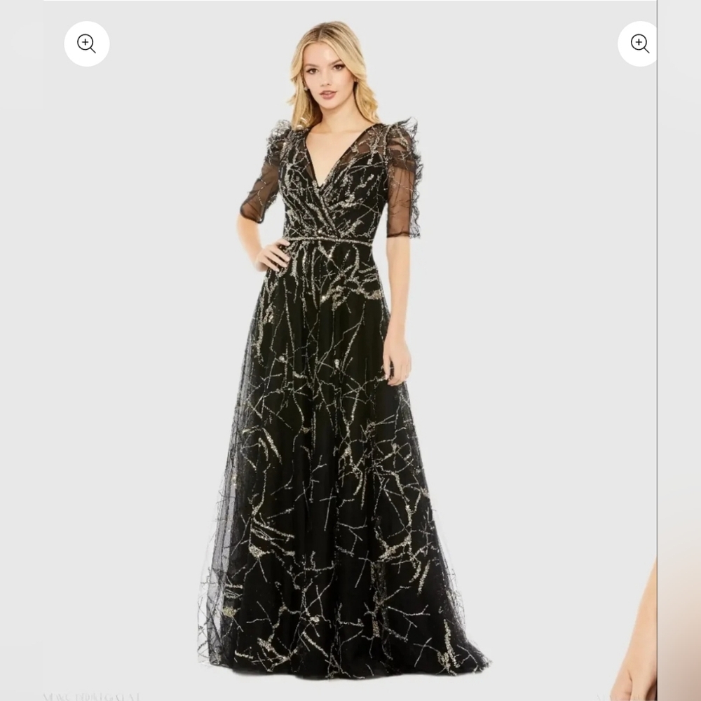 Black Embellished Gathered Puff Sleeve Faux Wrap Gown